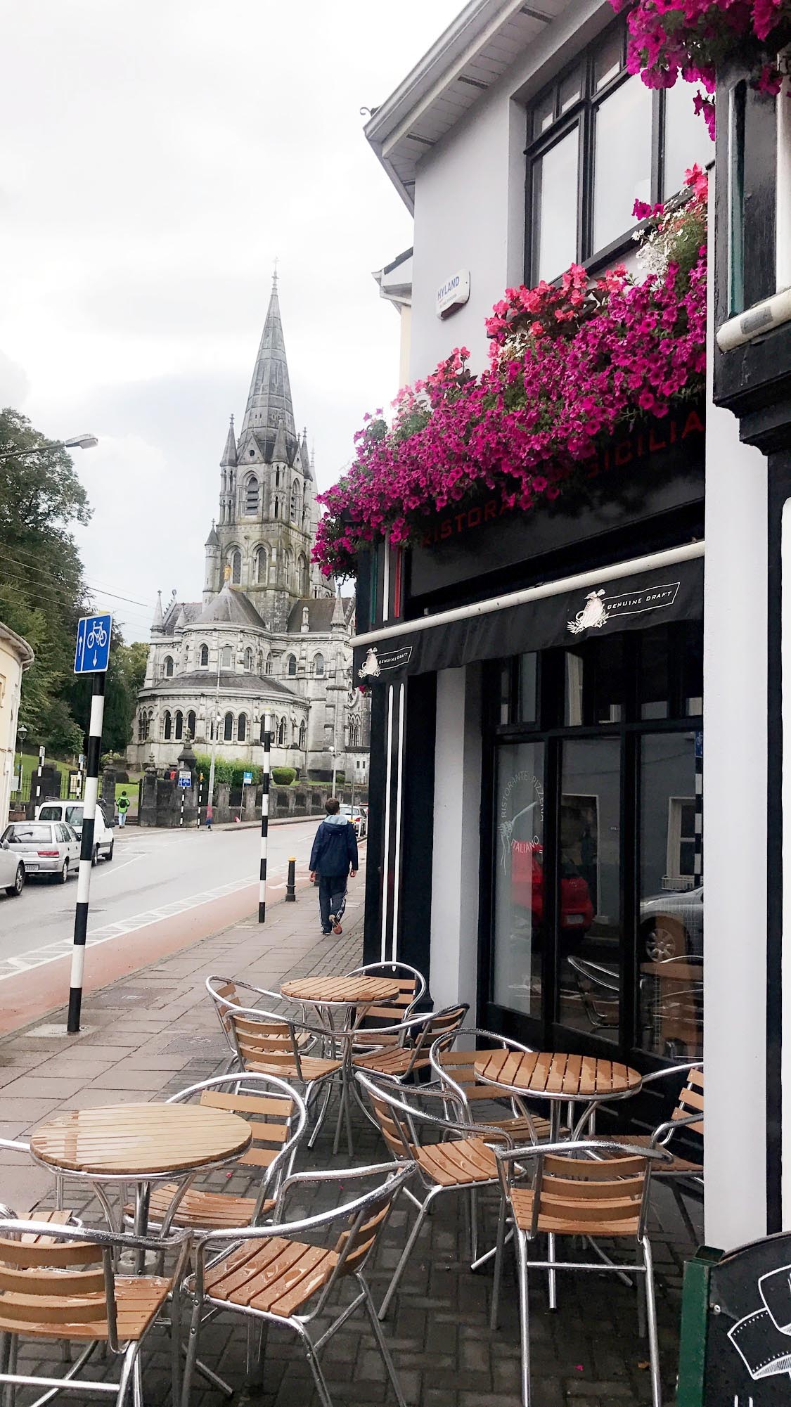 A view of St. Finn Barre Cathedral from a café in Cork, Ireland.