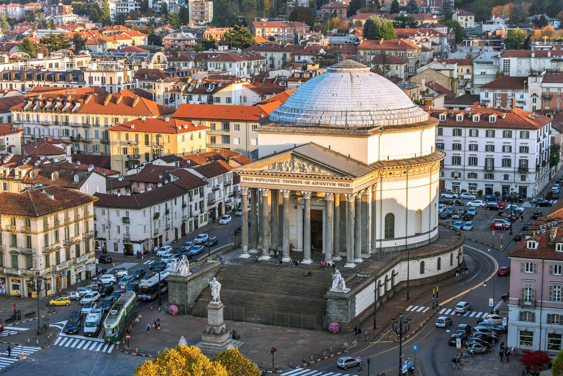Aerial view of the Gran Madre Church in Torino, Italy.