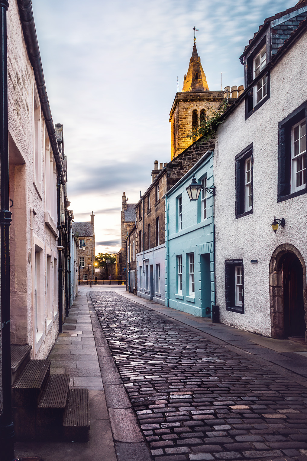 Beautiful streets and historic buildings of St Andrews, Scotland.