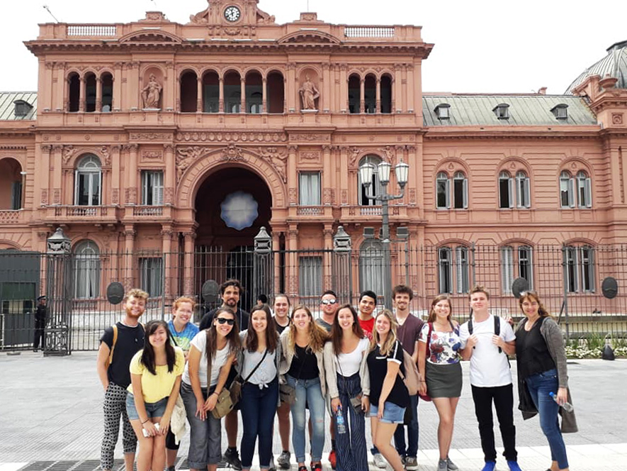 Students in front of historic building in Buenos Aires, Argentina.