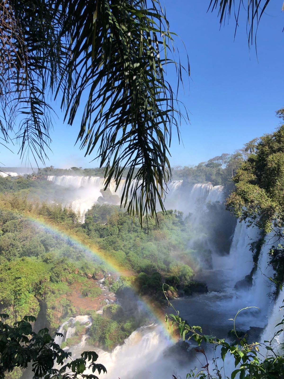 View of Iguaçu Falls with a rainbow over it in Argentina.