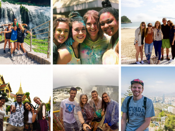 Grid of 6 photos of students experiencing studying abroad in various locations around the world.