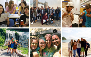 Grid of 6 photos of students experiencing studying abroad in various locations around the world.