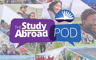 THE Study Abroad Pod podcast logo with student photo grid in the background.