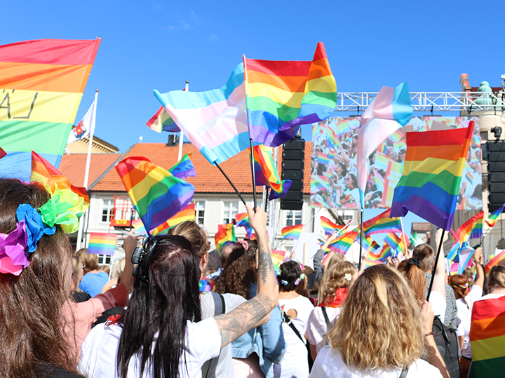 Group of people attending the Pride parade in Kalmar, holding rainbow pride flags.