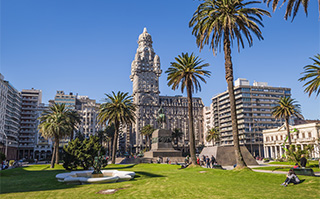 Historic buildings with palm trees in Montevideo, Uruguay.