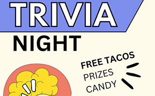 Poster with an illustration of a magnifying glass with a QR code inside and an orange head with a brain and lightbulb in it that reads "The study abroad office and MSS present Trivia Night. Free tacos, prizes, candy." 