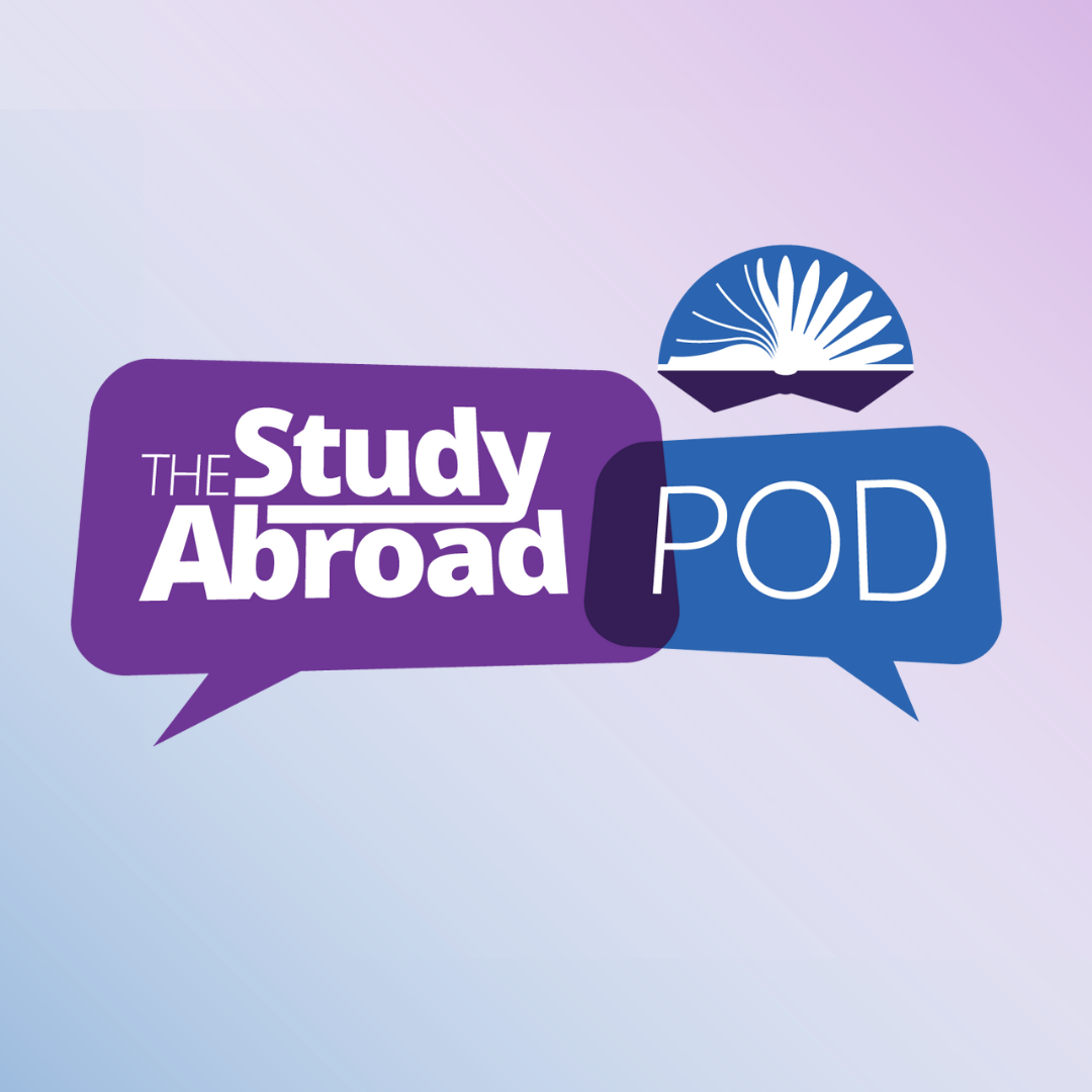 Purple a blue gradient background with "THE Study Abroad Pod" logo.