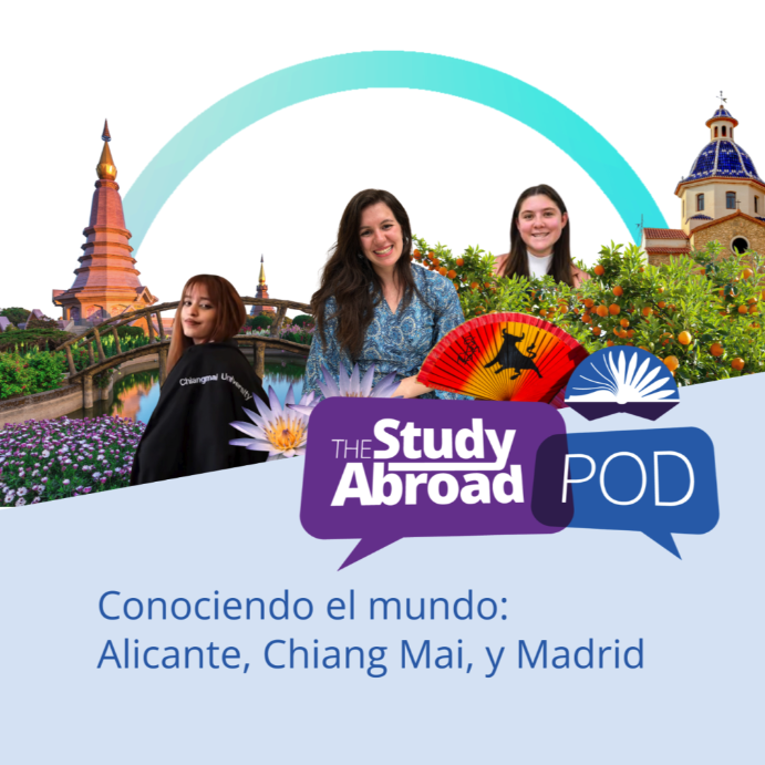 Two people pictured above text that reads "Conociendo el mundo: Alicante, Chiang Mai, y Madrid"