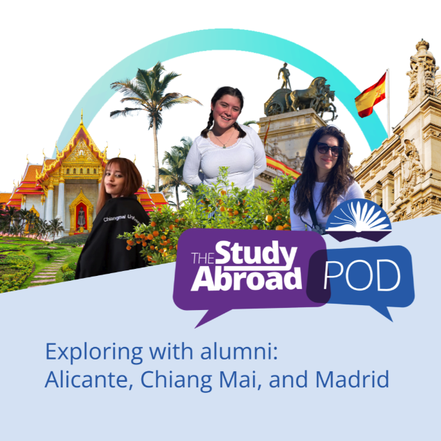 Three people pictured above text that reads "Exploring with alumni: Alicante, Chiang Mai, and Madrid"