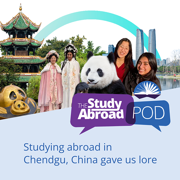 Four people and a panda pictured above text that reads "Studying abroad in Chengdu, China gave us lore"