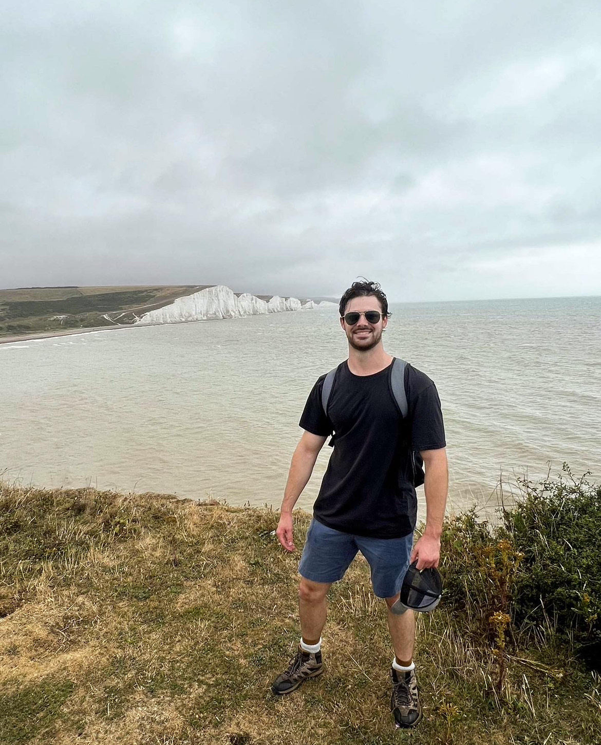 Griffin overlooking Seven Sisters cliffs in England.