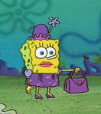 Spongebob Squarepants dressed in a purple hat, skirt, and heels holding a purse.