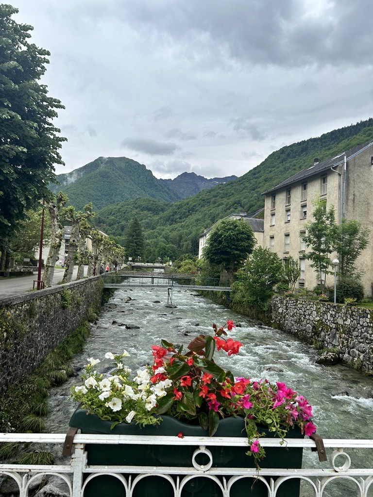 A view of a river with historic buildings along the side in southern France.