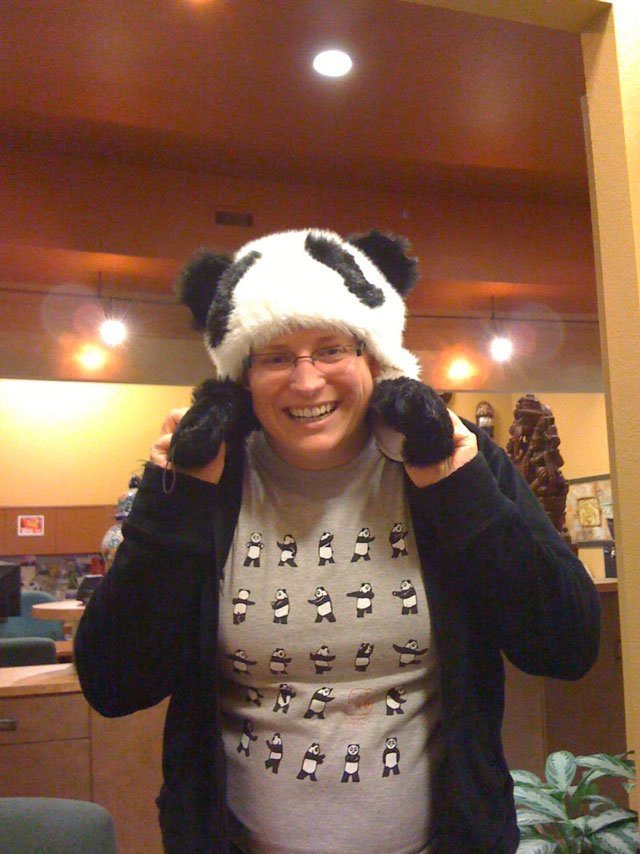 Dominique wearing a panda hat.