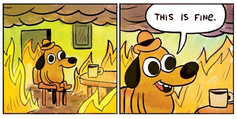 Meme that depicts a dog cartoon surrounded by fire that reads "this is fine."