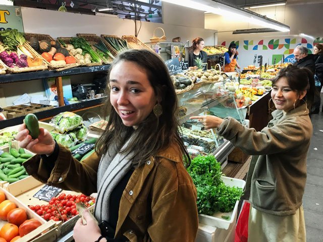 Students shopping at a local grocery store in Pau, France.