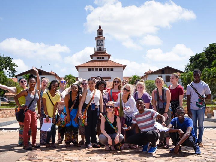 Group of students in front of the Balme Library in Accra, Ghana.