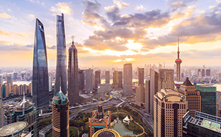 Aerial view of the city skyline in Shanghai, China. 