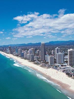 Aerial view of beach and city in Gold Coast, Australia. 
