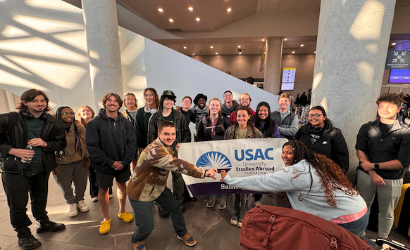 A group of students arriving at the airport in Santiago, Chile.