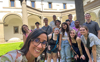 A group of students posing on campus in Viterbo, Italy.