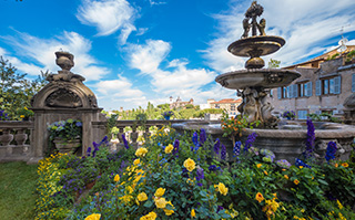 Gardens and a fountain in Viterbo, Italy.