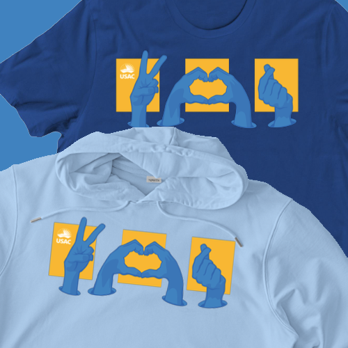 A flat lay of two USAC branded sweatshirts and a t-shirt