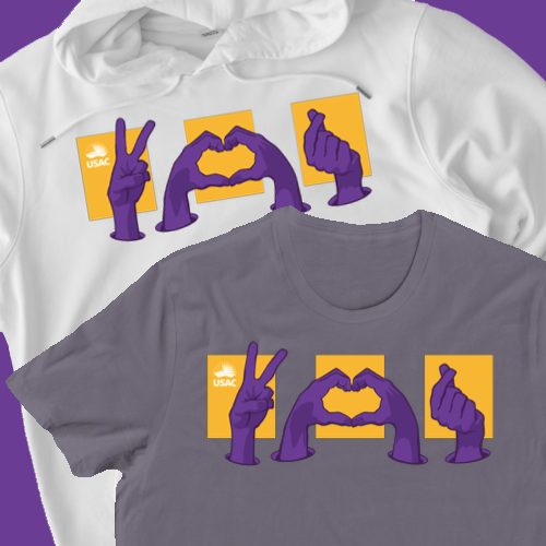 A flat lay of two USAC branded sweatshirts and a t-shirt