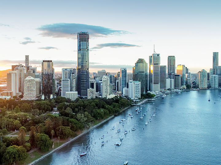 Areal view of the coastline and city of Brisbane, Australia.