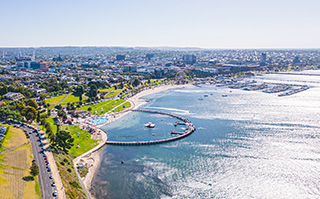 Aerial view of the Geelong waterfront in Geelong, Australia.