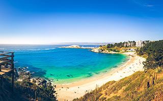 A view of the white beaches and coast line of Algarrobo, Chile.