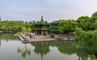 A view from the water of a traditional Chinese pagoda in Yangzhou, China.