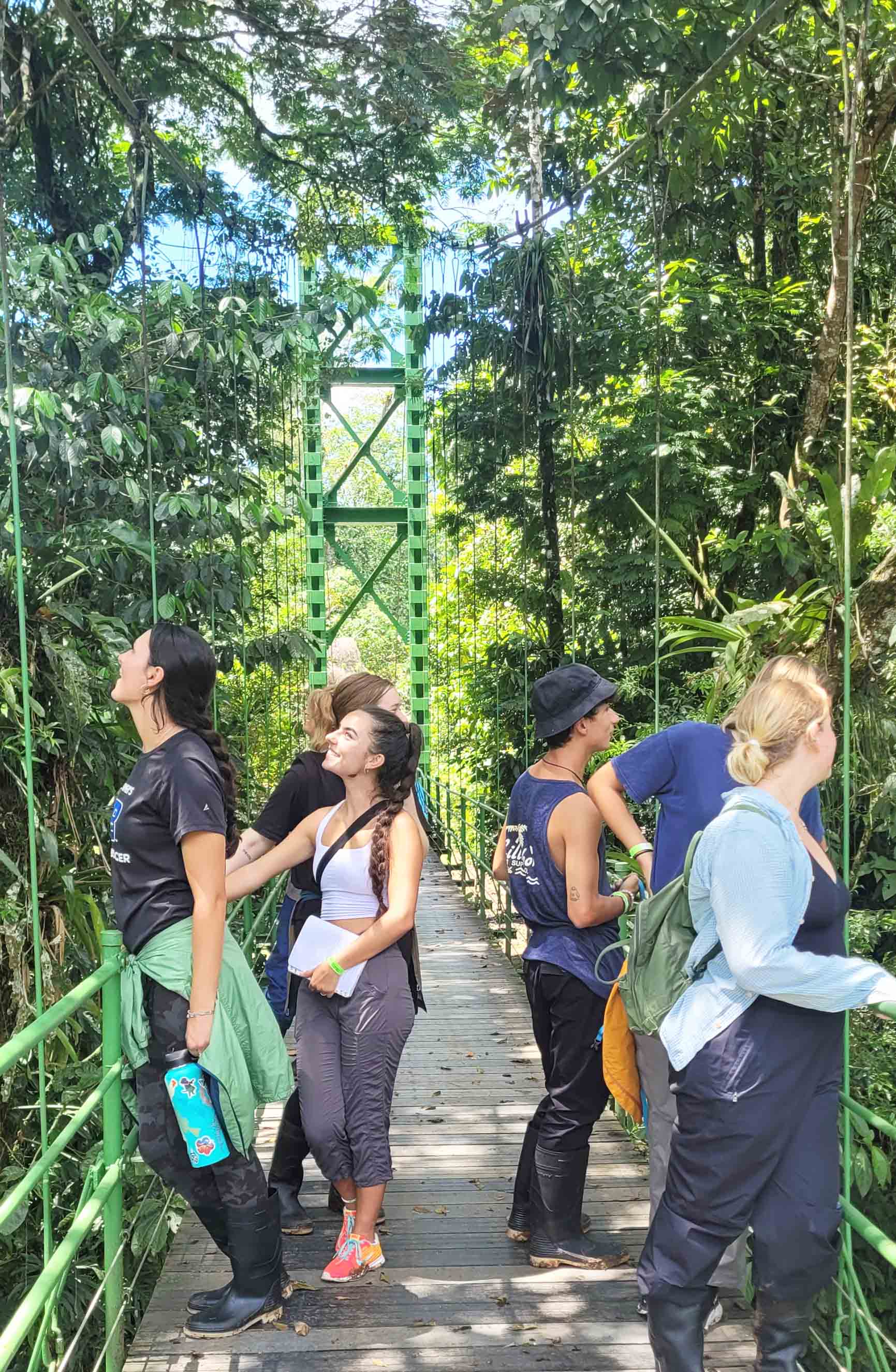 Students on a hanging bridge in Costa Rica.