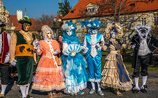 People dressed and celebrating Mardi Gras in Prague, Czech Republic.