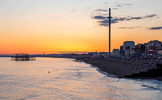 Sunset on the seafront in Brighton, England.