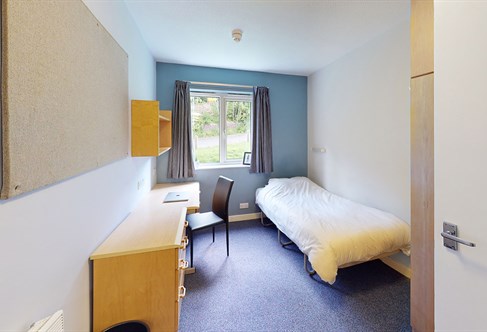Bedroom in student residence hall in Brighton, England.