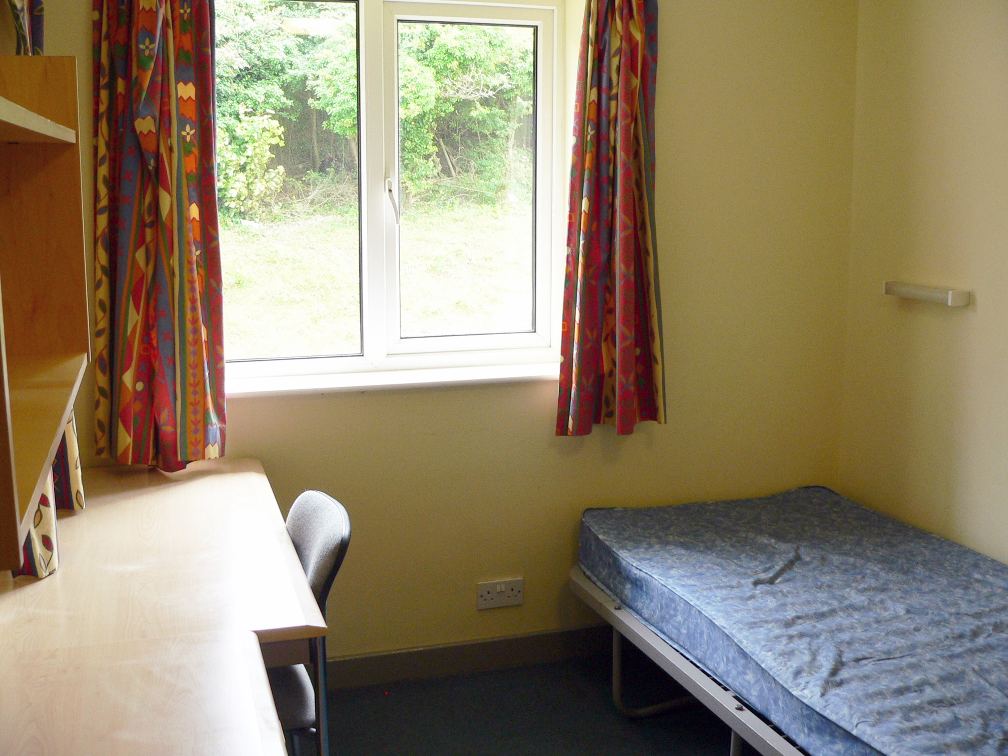 Bedroom in student residence hall in Brighton, England.