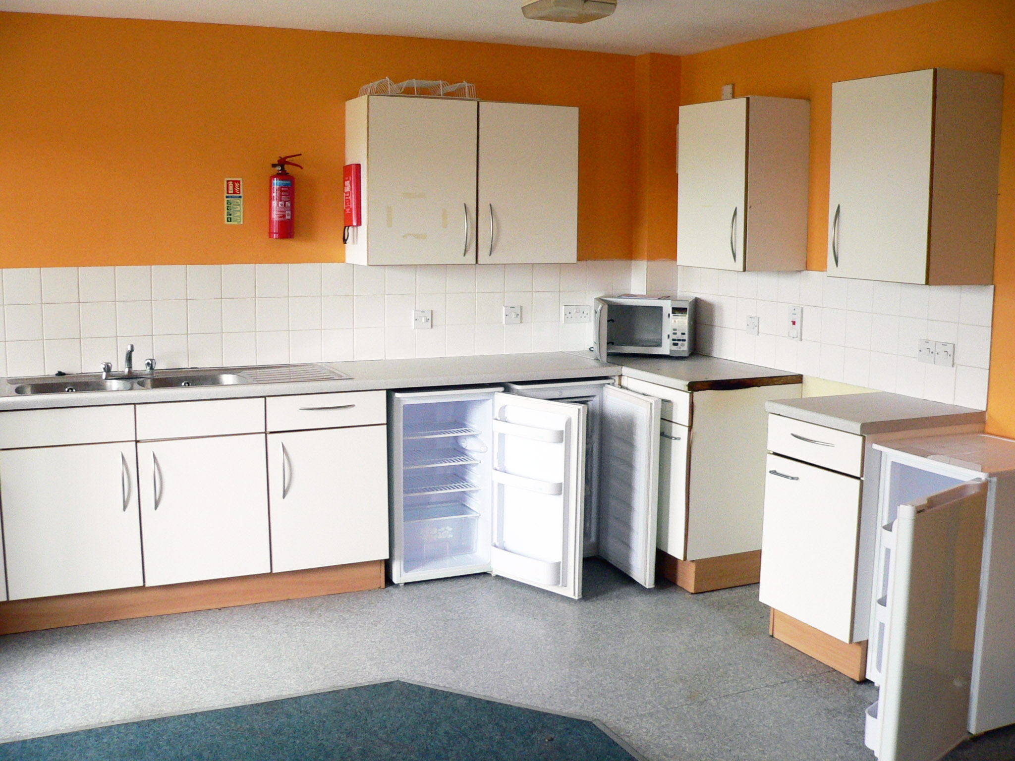 Kitchen in student residence hall in Brighton, England.