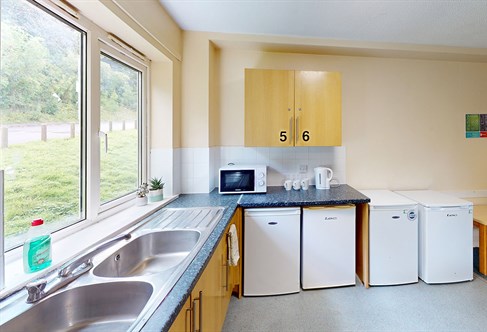 Kitchen in student residence hall in Brighton, England.