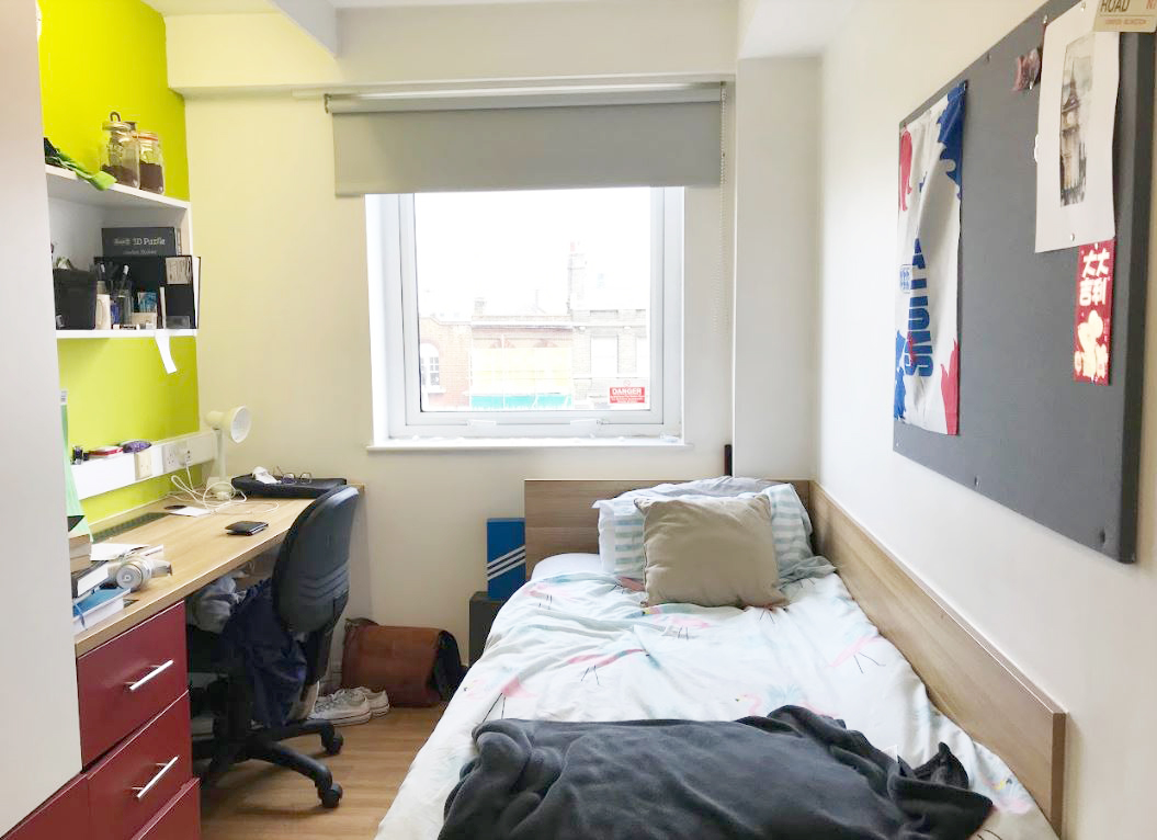 A typical student room in the residence hall at London Met in London, England.