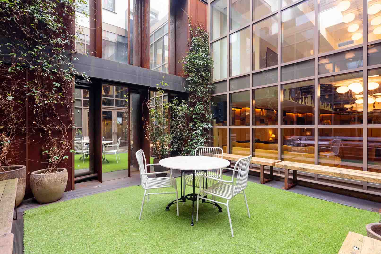 Patio area at the residence hall at London Met in London, England.