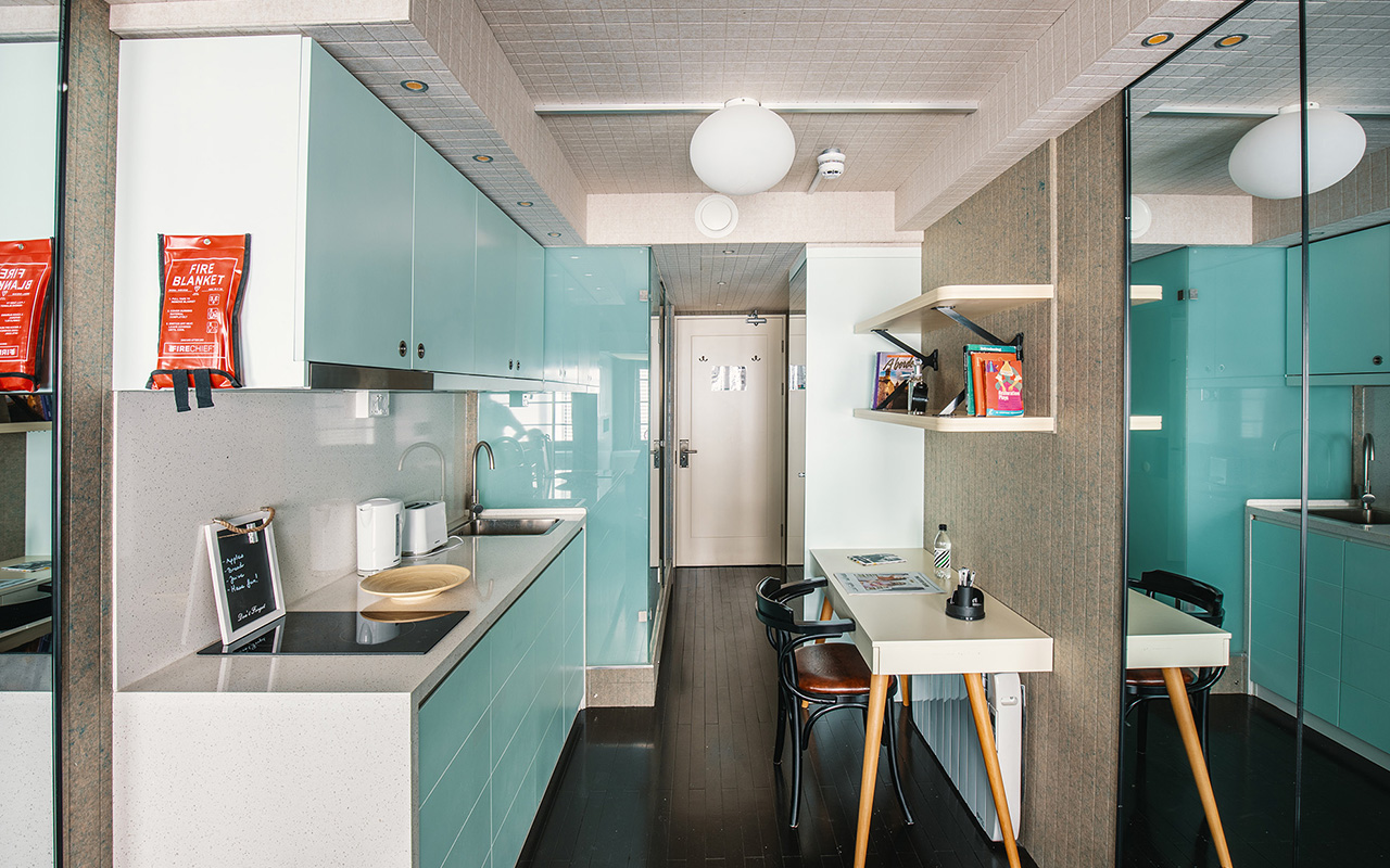 Kitchen in the residence hall at London Met in London, England.