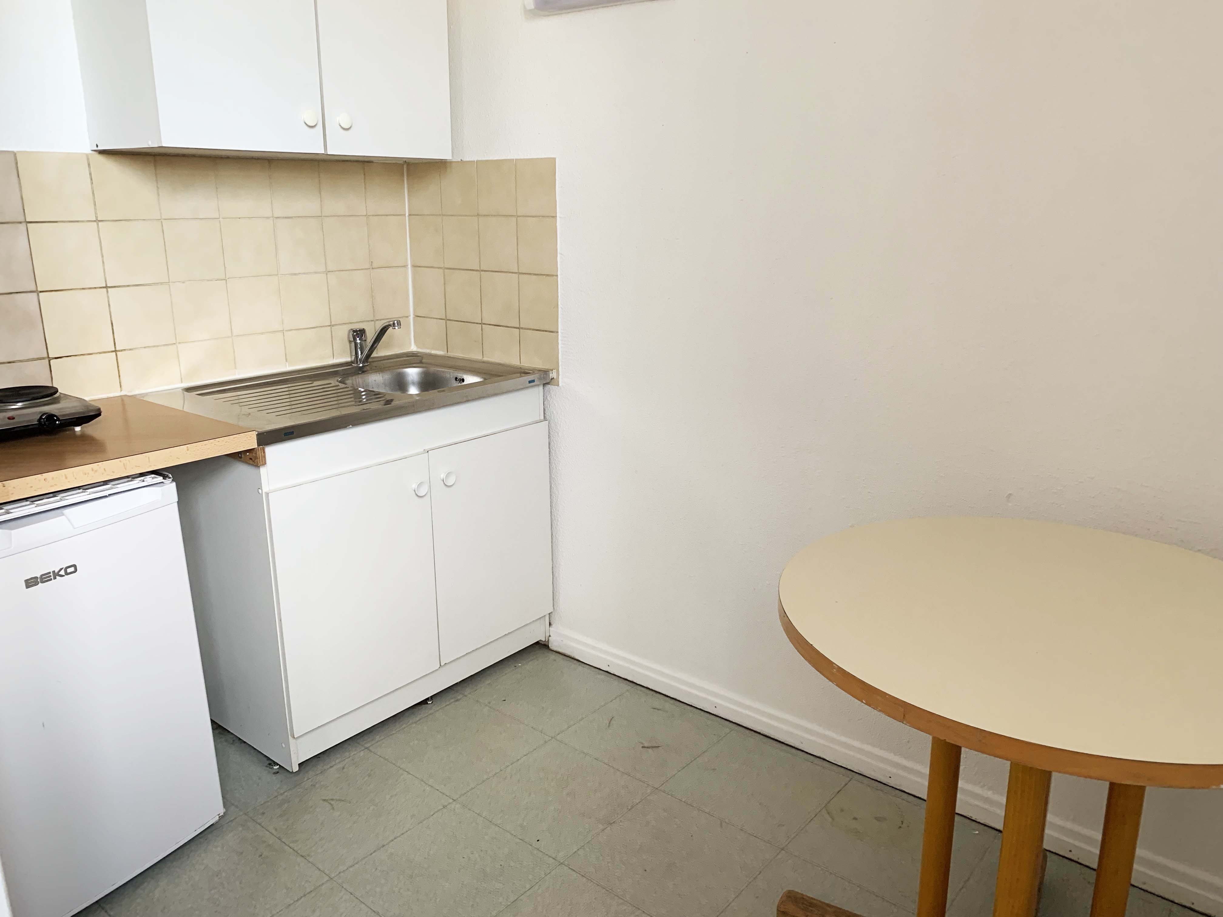 Kitchen in student studio apartment in Lyon, France.