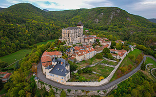An areal view of the historic buildings of Saint Bertrand-de-Comminges in France.