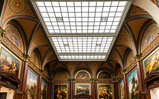 Artwork and skylight inside the Hamburger Kunsthalle in Hamburg, Germany.