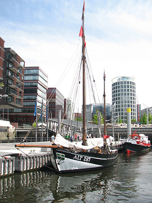 A sailboat on the harbor in Hamburg, Germany.