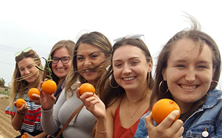 Five people sitting next to each other holding oranges in Valencia, Spain.