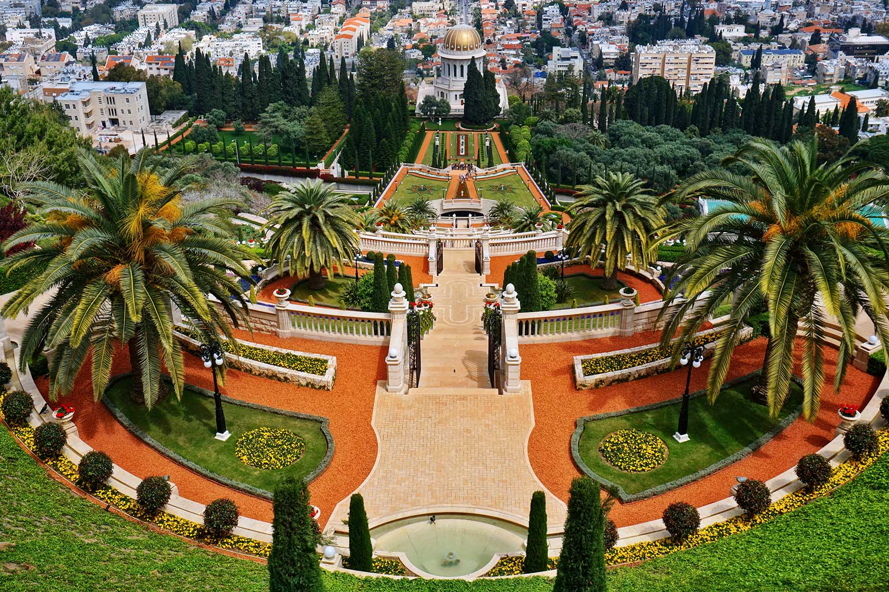 Looking down to the city from Bahai Gardens in Haifa, Israel.