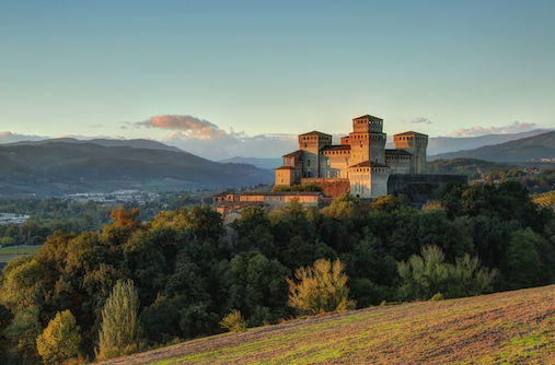 A view of the vineyards and Torrechiara Castle in Reggio Emilia, Italy.